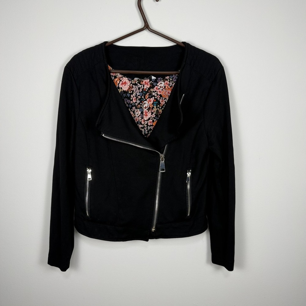 Suko Jeans‎ Womens Black Moto Jacket Floral Lining Asymmetrical Zip Size M